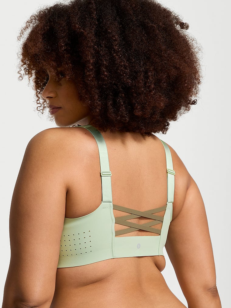Victoria's Secret, VSX VSX Featherweight Max™ Front-Close Sports Bra, Soft Green, onModelBack, 5 of 5 Shadia  is 5'11" or 180cm and wears 38DD (E) or Extra Extra Large