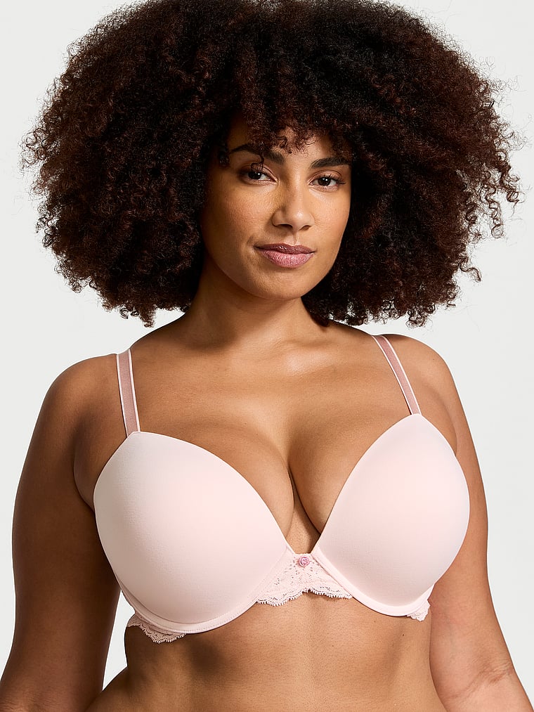 Victoria's Secret, Dream Angels Vintage Blossom Embroidery Push-Up Bra, Purest Pink, onModelFront, 3 of 4 Shadia is 5'11" or 180cm and wears 38DD (E) or Extra Extra Large