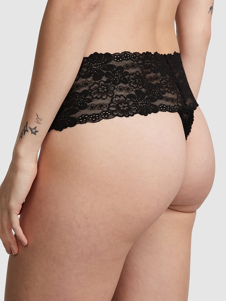 PINK PINK Wink™ Lace Thong Panty, Pure Black, onModelBack, 2 of 3 Sofia is 5'10" and wears Small