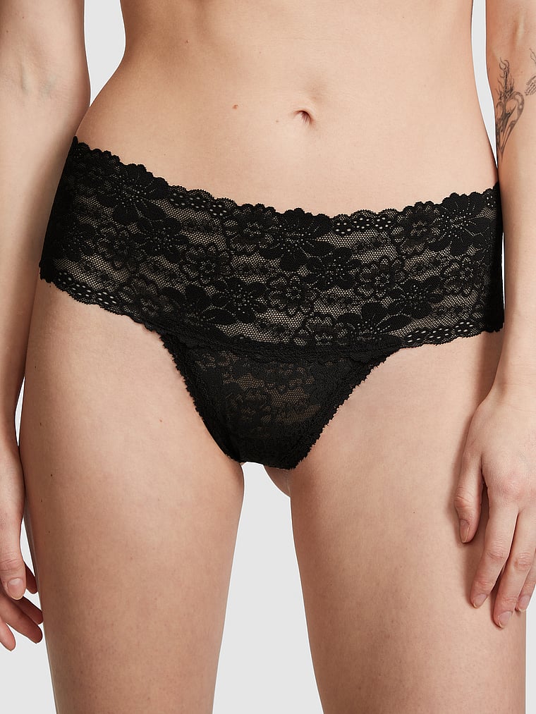 PINK PINK Wink™ Lace Thong Panty, Pure Black, onModelFront, 1 of 3 Sofia is 5'10" and wears Small