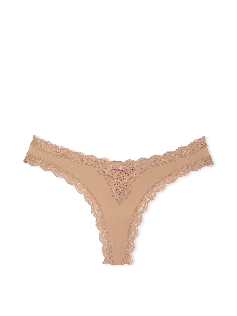 Victoria's Secret, Dream Angels Lace Thong Panty, Praline, offModelFront, 3 of 4