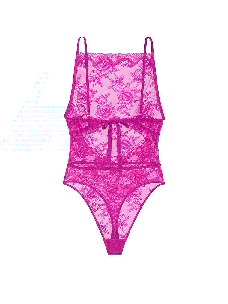 Victoria's Secret, Very Sexy Rose Lace High-Neck Teddy, OUTRAGEOUS PINK, offModelFront, 3 of 3