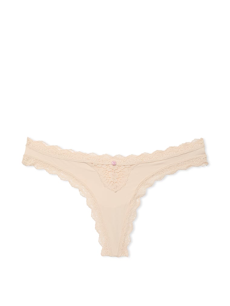 Victoria's Secret, Dream Angels Lace Thong Panty, Marzipan, offModelFront, 3 of 4