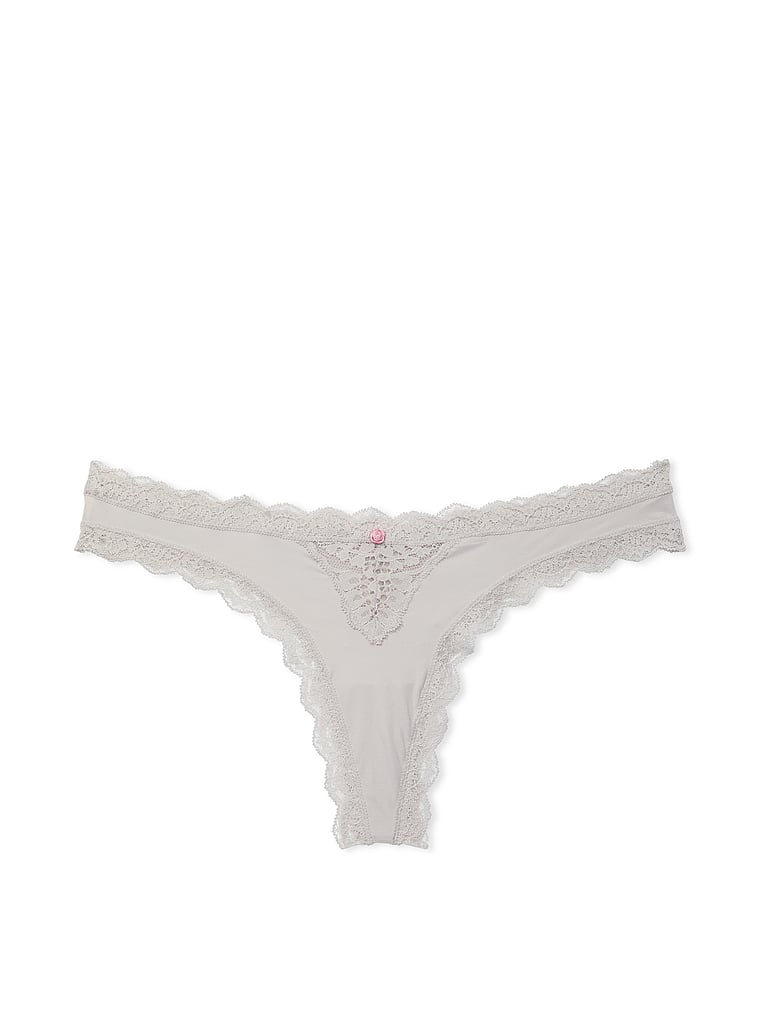 Victoria's Secret, Dream Angels Lace Thong Panty, Silver Pearl, offModelFront, 3 of 4