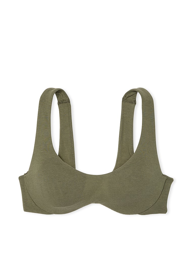 PINK Base Cotton Unlined Scoop Bra, Casual New Olive, offModelFront, 3 of 3