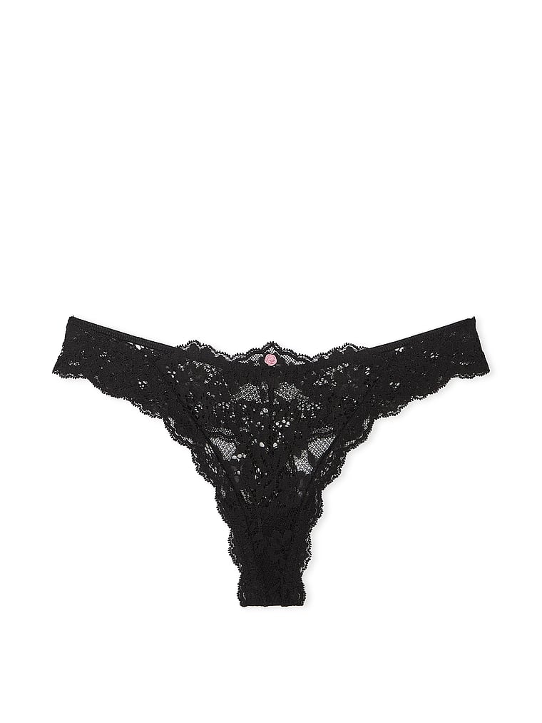 Victoria's Secret, Dream Angels Lace Rhinestone Heart Hardware Thong Panty, Black, offModelFront, 4 of 4