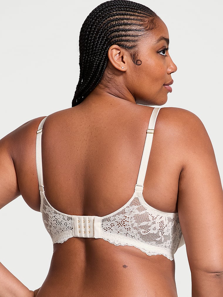 Victoria's Secret, Dream Angels Rosebud Embroidery Smooth & Lace Push-Up Bra, Coconut White, onModelBack, 4 of 4 Brianna is 5'10" and wears 38DD (E) or Extra Large