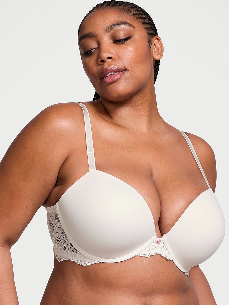 Victoria's Secret, Dream Angels Rosebud Embroidery Smooth & Lace Push-Up Bra, Coconut White, onModelFront, 3 of 4 Brianna is 5'10" and wears 38DD (E) or Extra Large