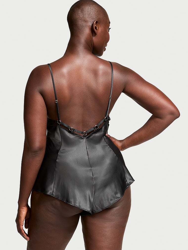 Victoria's Secret, Victoria's Secret Jaguar Satin Romper, BLACK, onModelBack, 2 of 3 Arame is 5'11" or 180cm and wears Medium