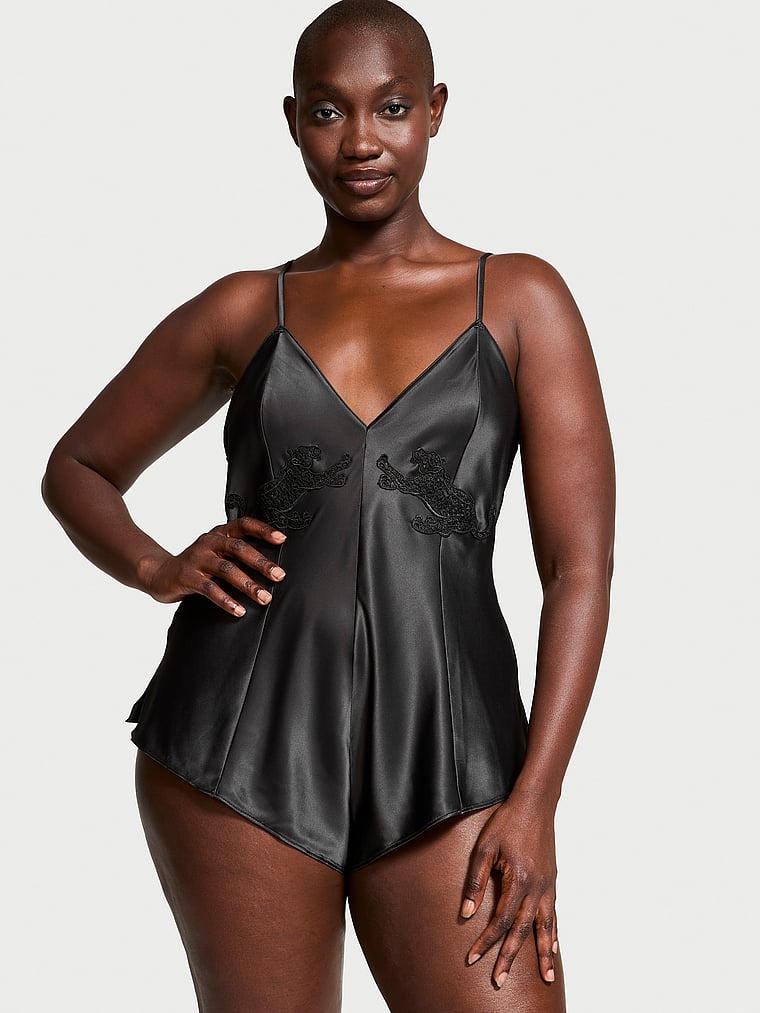 Victoria's Secret, Victoria's Secret Jaguar Satin Romper, BLACK, onModelFront, 1 of 3 Arame is 5'11" or 180cm and wears Medium