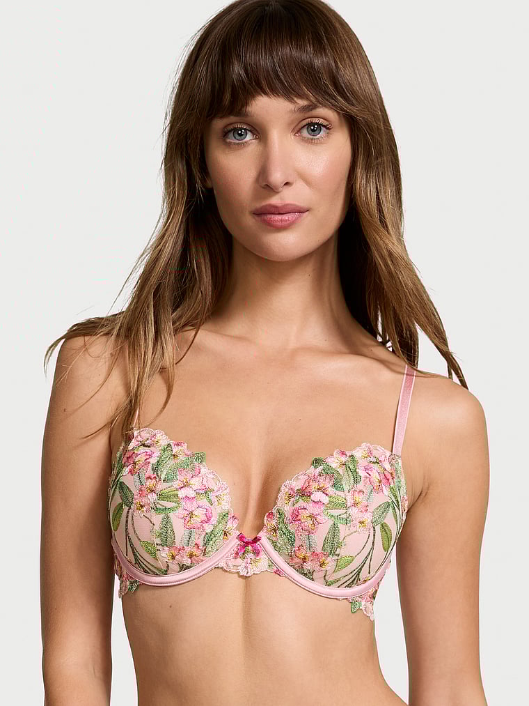 Victoria's Secret, Dream Angels Lily Embroidery Push-Up Bra, Chalk Rose, onModelFront, 1 of 5 Ari is 5'9" or 175cm and wears 34B or Small