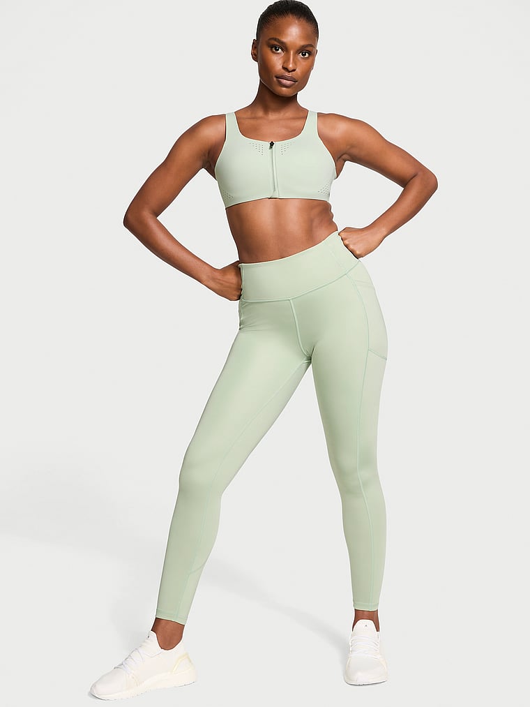 Victoria's Secret, VSX VSX Featherweight Max™ Front-Close Sports Bra, Soft Green, onModelSide, 1 of 5 Tsheca  is 5'9" or 175cm and wears 34B or Small
