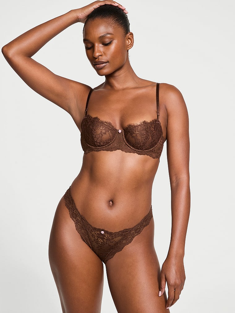 Victoria's Secret, Dream Angels Lace Brazilian Panty, Ganache, featured, 1 of 5 Tsheca  is 5'9" or 175cm and wears Small