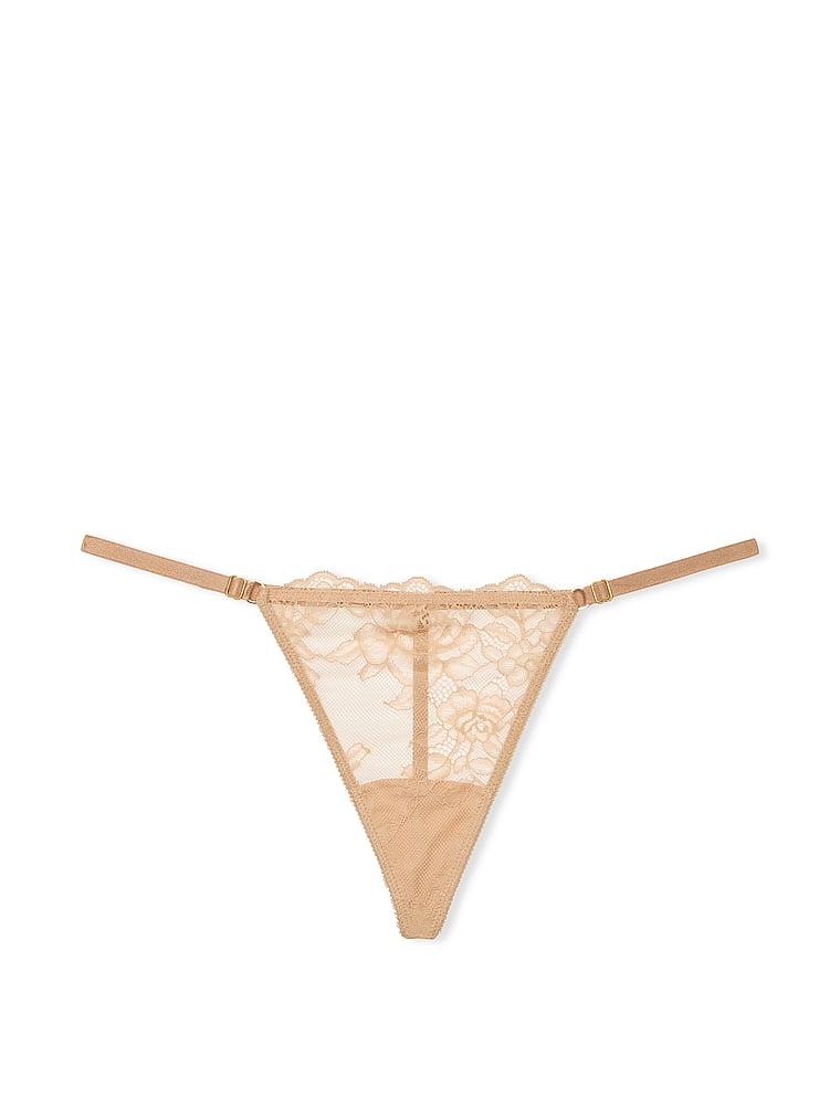 Victoria's Secret, Very Sexy Rose Lace Adjustable V-String Panty, Praline, offModelFront, 4 of 4