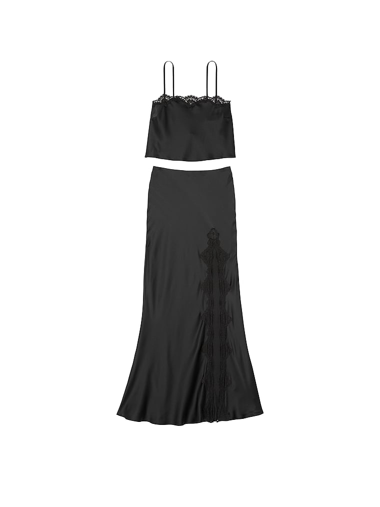 Victoria's Secret, Dream Angels Satin Lace-Trim Cropped Top & Slip Skirt Set, BLACK, offModelFront, 2 of 3