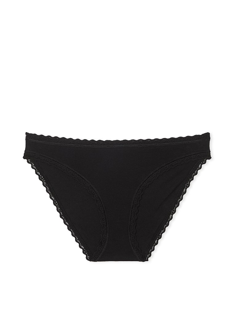 Victoria's Secret, Lace Trim Cotton Pointelle Lace-Waist Bikini, Black, offModelFront, 3 of 3