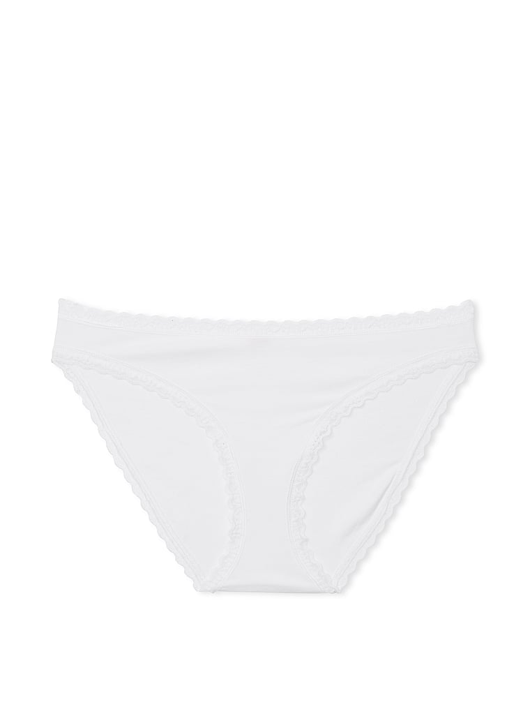 Victoria's Secret, Lace Trim Cotton Pointelle Lace-Waist Bikini, VS White, offModelFront, 3 of 3