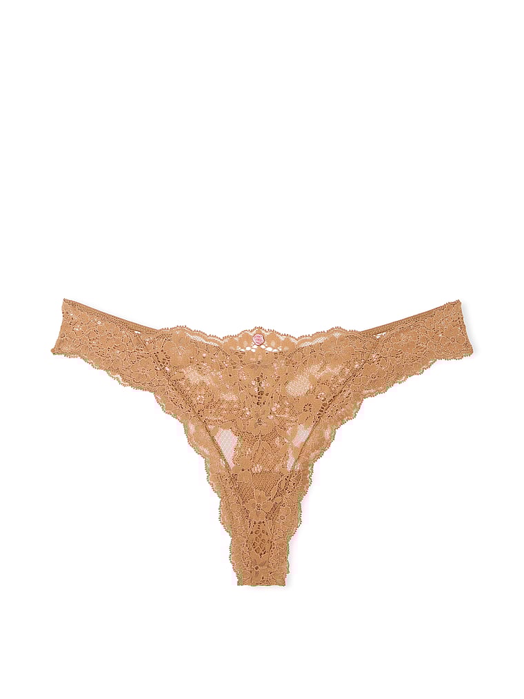 Victoria's Secret, Dream Angels Lace Thong Panty, Toffee, offModelFront, 1 of 1