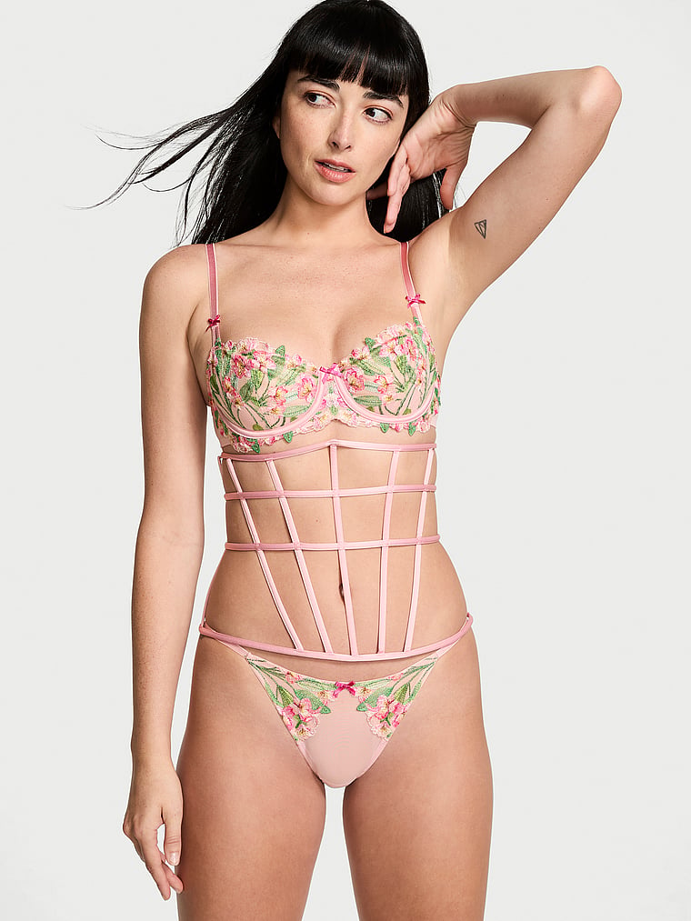 Victoria's Secret, Dream Angels Wicked Unlined Lily Embroidery Balconette Bra, Chalk Rose, onModelSide, 1 of 5 Rebecca is 5'9" or 175cm and wears 34B or Small