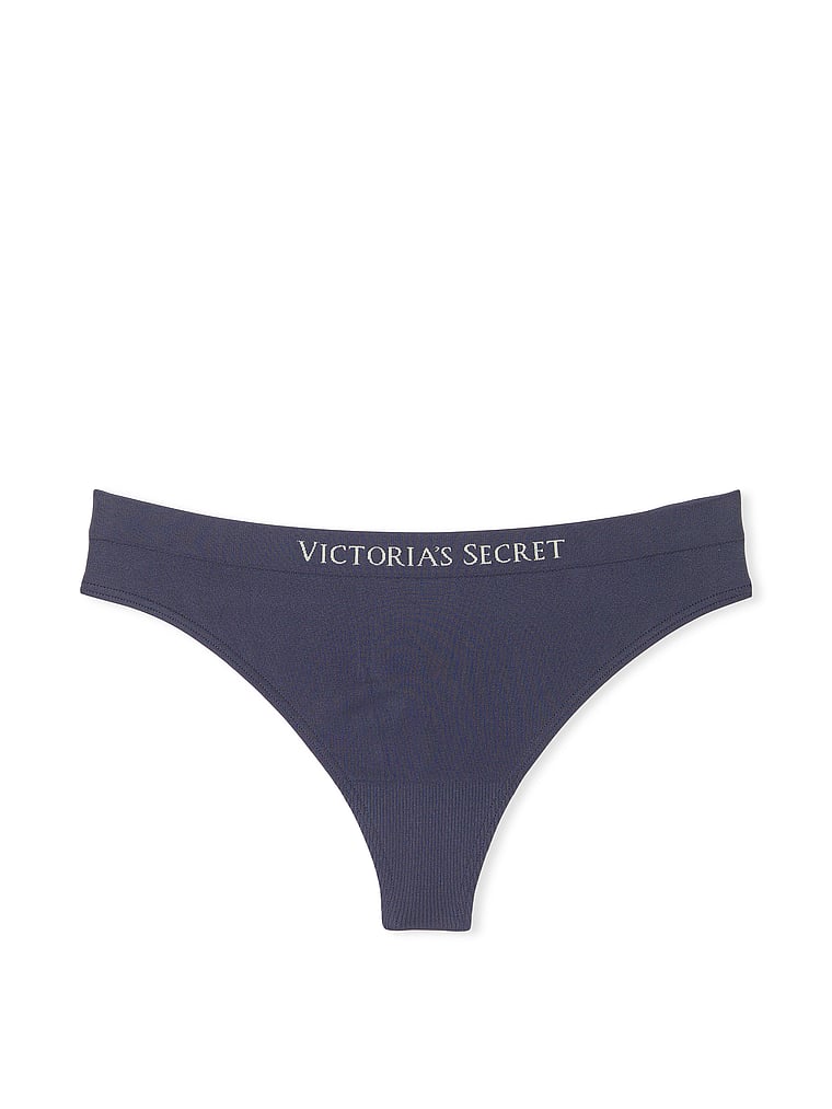 Victoria's Secret, Seamless Seamless Ribbon Slot Thong Panty, Slate Blue, offModelFront, 3 of 3