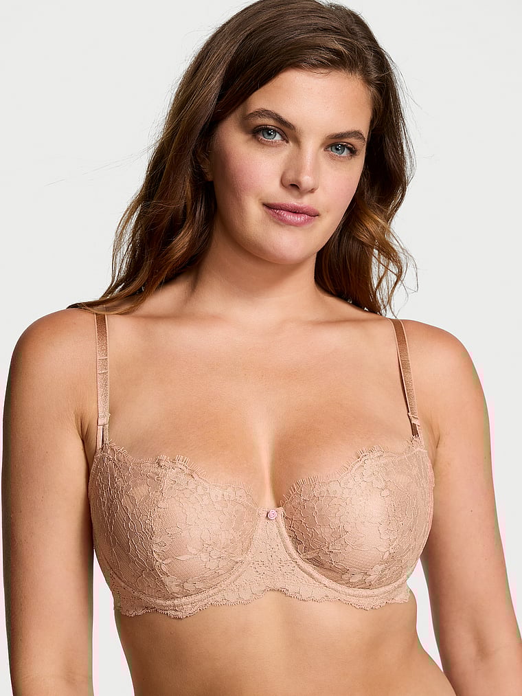 Victoria's Secret, Dream Angels Wicked Unlined Wisteria Embroidery Balconette Bra, Praline, onModelFront, 2 of 5