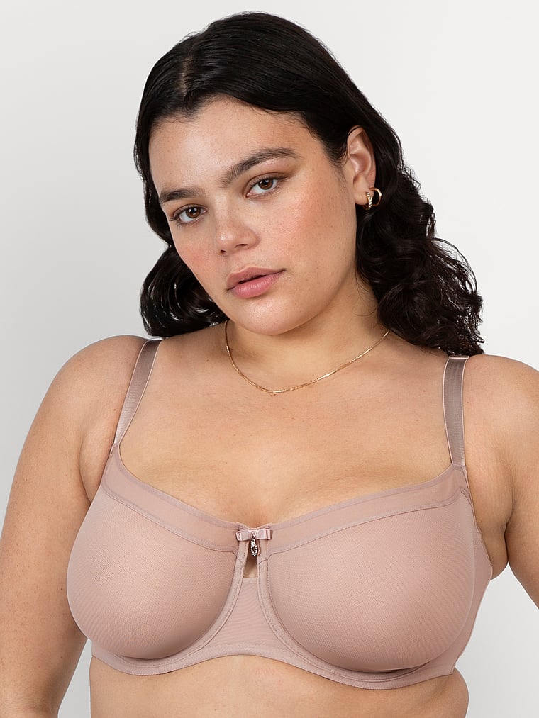 Victoria's Secret, Curvy Couture Sheer Mesh Unlined Balconette Bra, Bark, onModelFront, 1 of 3