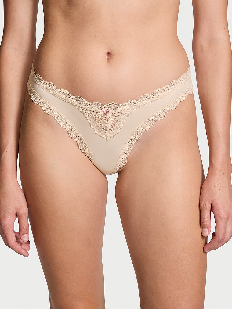 Victoria's Secret, Dream Angels Lace Thong Panty, Marzipan, onModelFront, 1 of 4 Mackenzie is 5'10" and wears Small