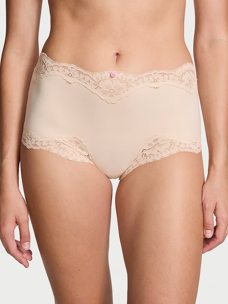 Victoria's Secret, Dream Angels Lace-Trim Boyshort Panty, Marzipan, onModelFront, 1 of 4 Mackenzie is 5'10" and wears Small