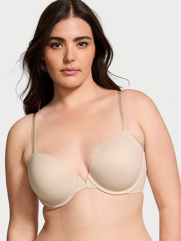 Victoria's Secret, Love Cloud Smooth Lightly Lined Plunge Demi Bra, Marzipan, onModelFront, 2 of 5