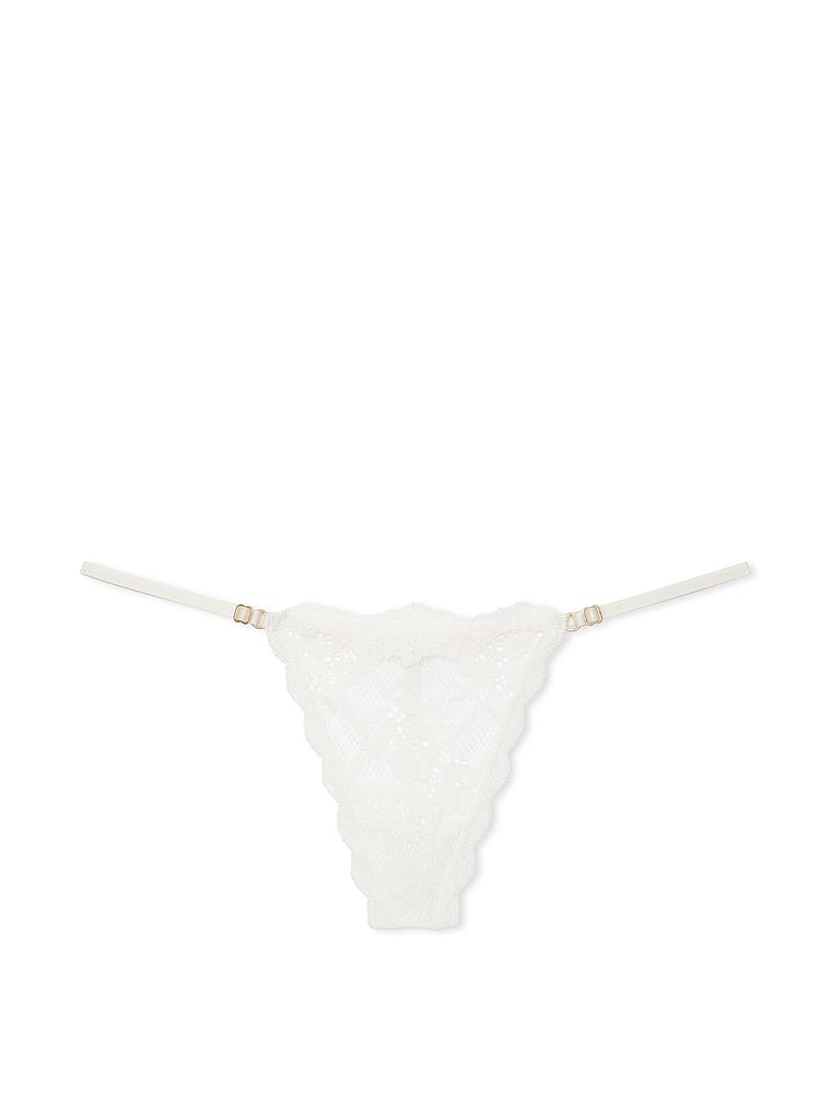 Victoria's Secret, Dream Angels Satin Bow Crotchless V-String Panty, Coconut White, offModelFront, 3 of 4