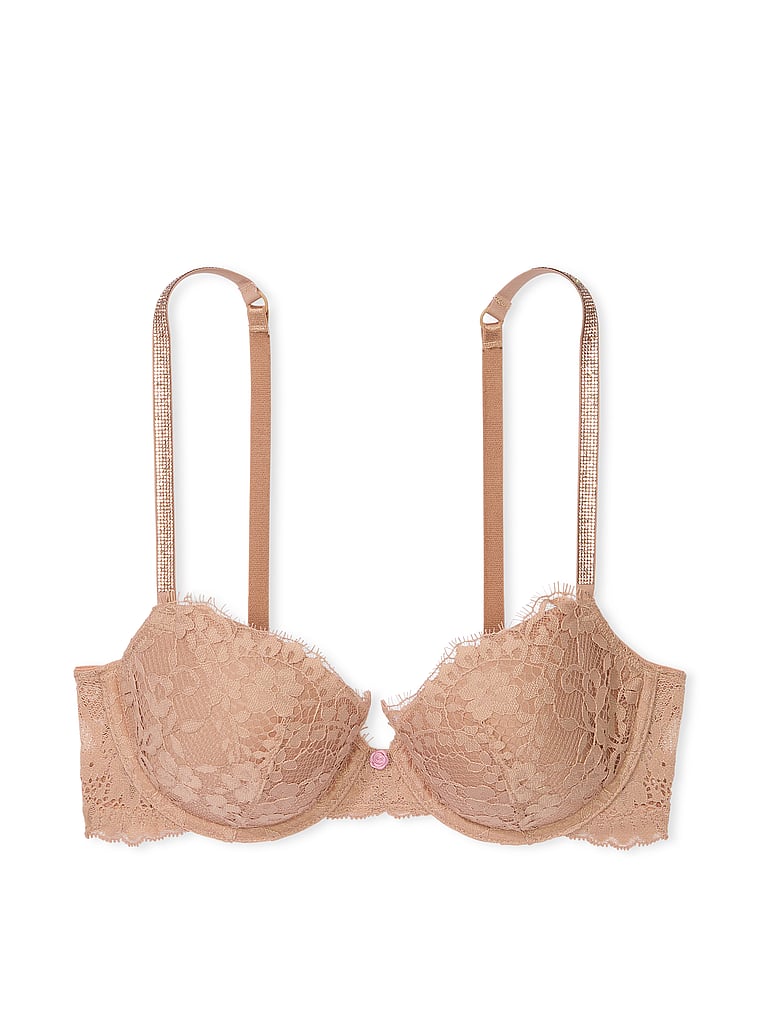 Victoria's Secret, Dream Angels Twinkle Strap Lace Classic-Coverage Demi Bra, Praline, offModelFront, 4 of 4