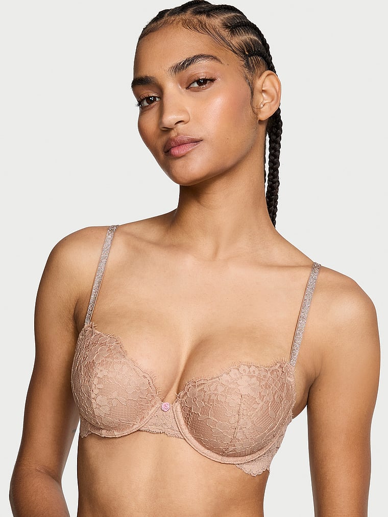 Victoria's Secret, Dream Angels Twinkle Strap Lace Classic-Coverage Demi Bra, Praline, onModelFront, 1 of 4 Anyeline is 5'10" or 178cm and wears 34B