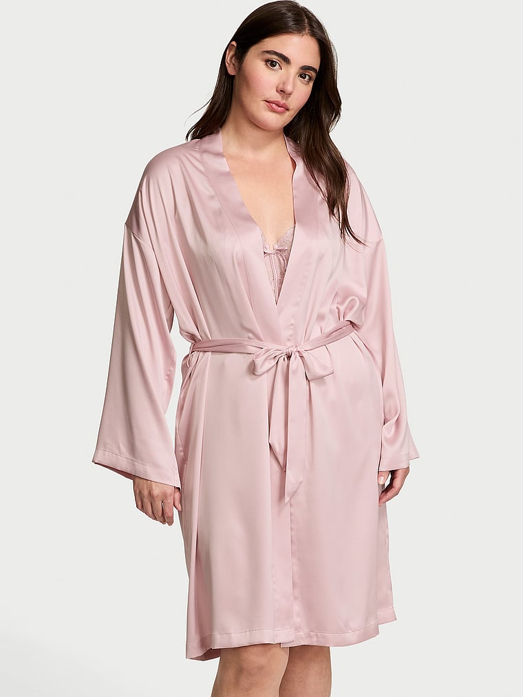 Victoria's Secret, Victoria's Secret Satin Midi Robe, CHALK ROSE, onModelFront, 1 of 3