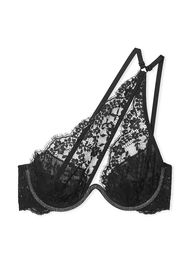 Victoria's Secret, Dream Angels Twinkle Lace One-Shoulder Monowire Bra, Black, offModelFront, 3 of 4
