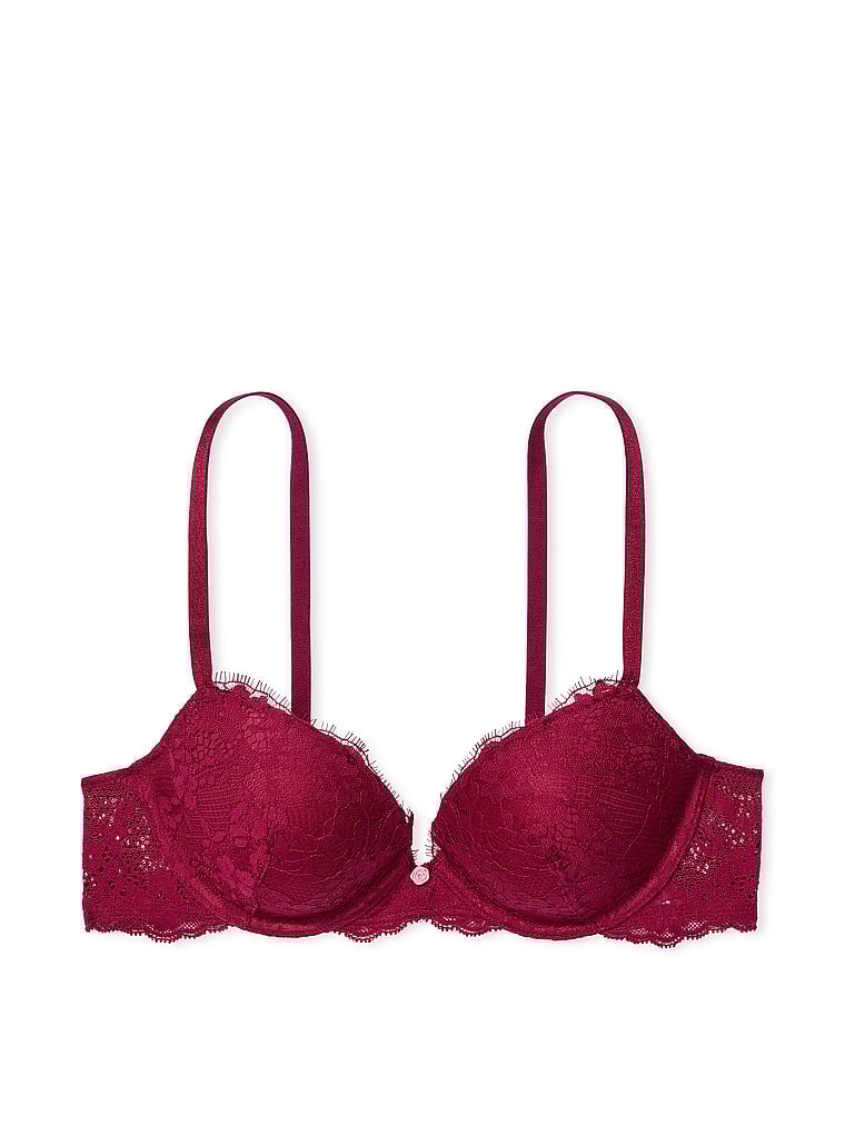 Victoria's Secret, Dream Angels Boho Floral Embroidery Push-Up Bra, Campari Red, offModelFront, 3 of 4