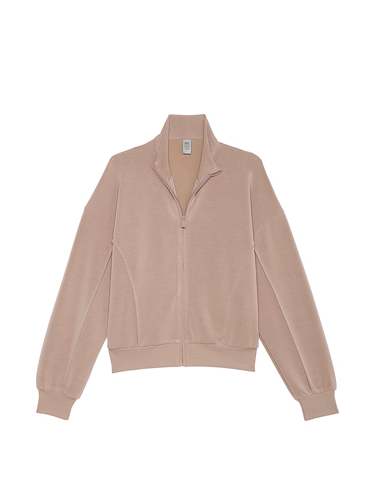 Victoria's Secret, VSX Featherweight Knit Full-Zip Jacket, Bare Taupe, offModelFront, 2 of 4