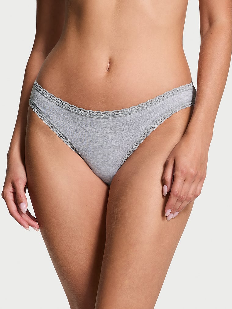 Victoria's Secret, Lace Trim Cotton Lace-Waist Bikini Panty, Heather Grey, onModelFront, 1 of 3 Ari is 5'9" and wears Small