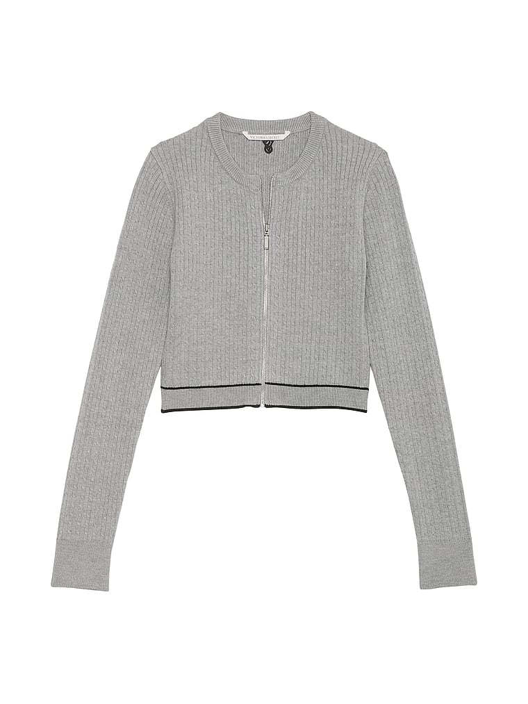 Victoria's Secret, Victoria's Secret Luxe Cable-Knit Cardigan, Heather Grey, offModelFront, 3 of 4
