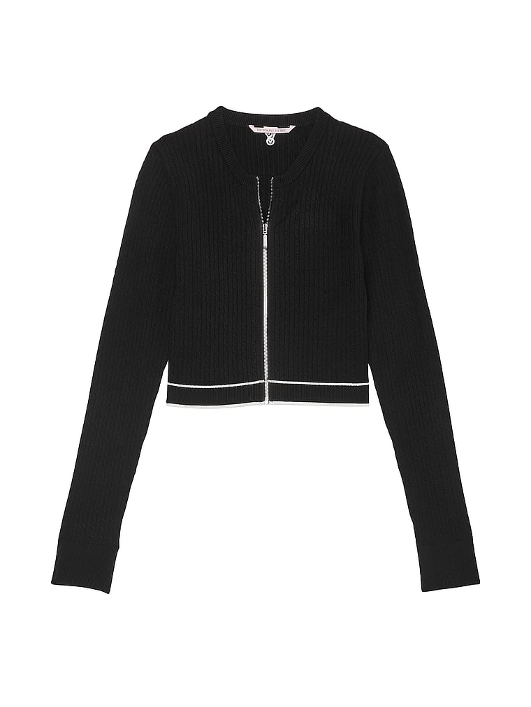 Victoria's Secret, Victoria's Secret Luxe Cable-Knit Cardigan, Black, offModelFront, 3 of 4