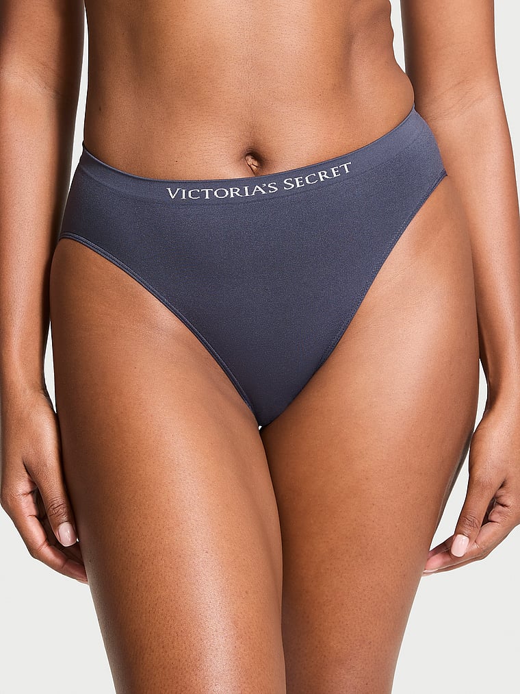 Victoria's Secret, Seamless Seamless Ribbon Slot High-Leg Brief Panty, Slate Blue, onModelFront, 1 of 3 Tsheca  is 5'9" and wears Small
