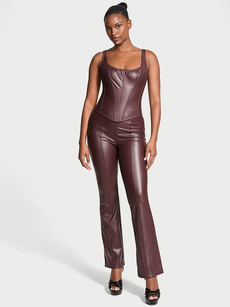 Victoria's Secret, Victoria's Secret Faux Leather Pants, BURGUNDY BROWN, onModelFront, 1 of 4 Tsheca is 5'9" or 175cm and wears Small