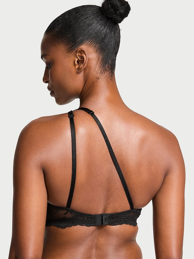 Victoria's Secret, Dream Angels Twinkle Lace One-Shoulder Monowire Bra, Black, onModelBack, 2 of 4 Tsheca is 5'9" and wears 34B or Small
