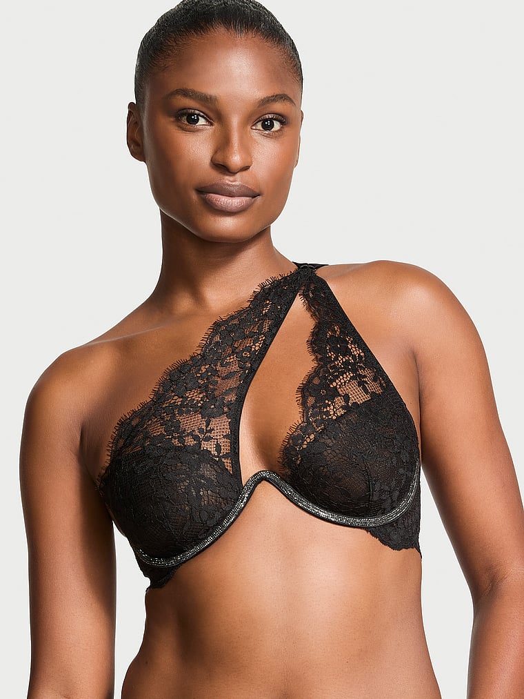 Victoria's Secret, Dream Angels Twinkle Lace One-Shoulder Monowire Bra, Black, onModelFront, 1 of 4 Tsheca is 5'9" and wears 34B or Small