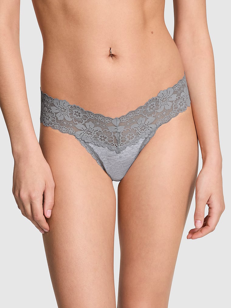PINK Wink Lace-Trim Thong Panty, Medium Heather Grey, onModelFront, 1 of 4 Scarlett is 5'11" or 180cm and wears Small