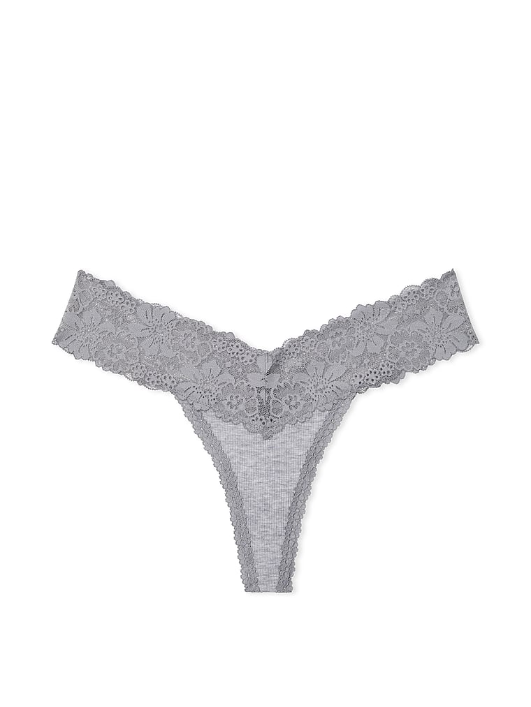 PINK Wink Lace-Trim Thong Panty, Medium Heather Grey, onModelSide, 3 of 4