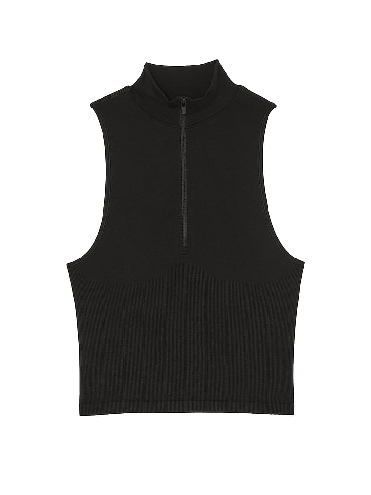 PINK Winter Seamless Half-Zip Tank Top, Pure Black, offModelFront, 3 of 5