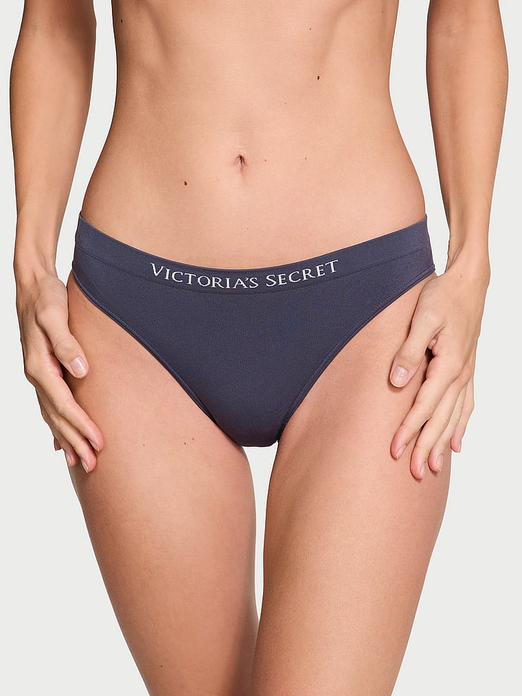 Victoria's Secret, Seamless Seamless Lace-Trim Bikini Panty, Slate Blue, onModelFront, 1 of 3 Maggie is 5'7" and wears Small