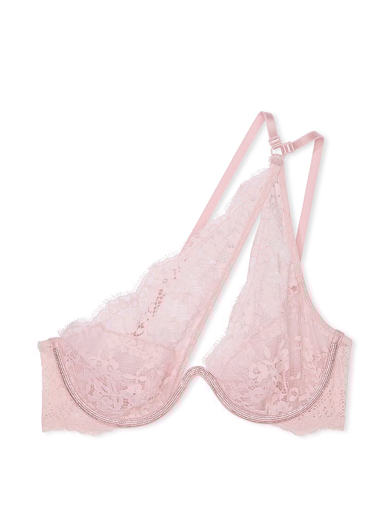 Victoria's Secret, Dream Angels Twinkle Lace One-Shoulder Monowire Bra, Chalk Rose, offModelFront, 3 of 4