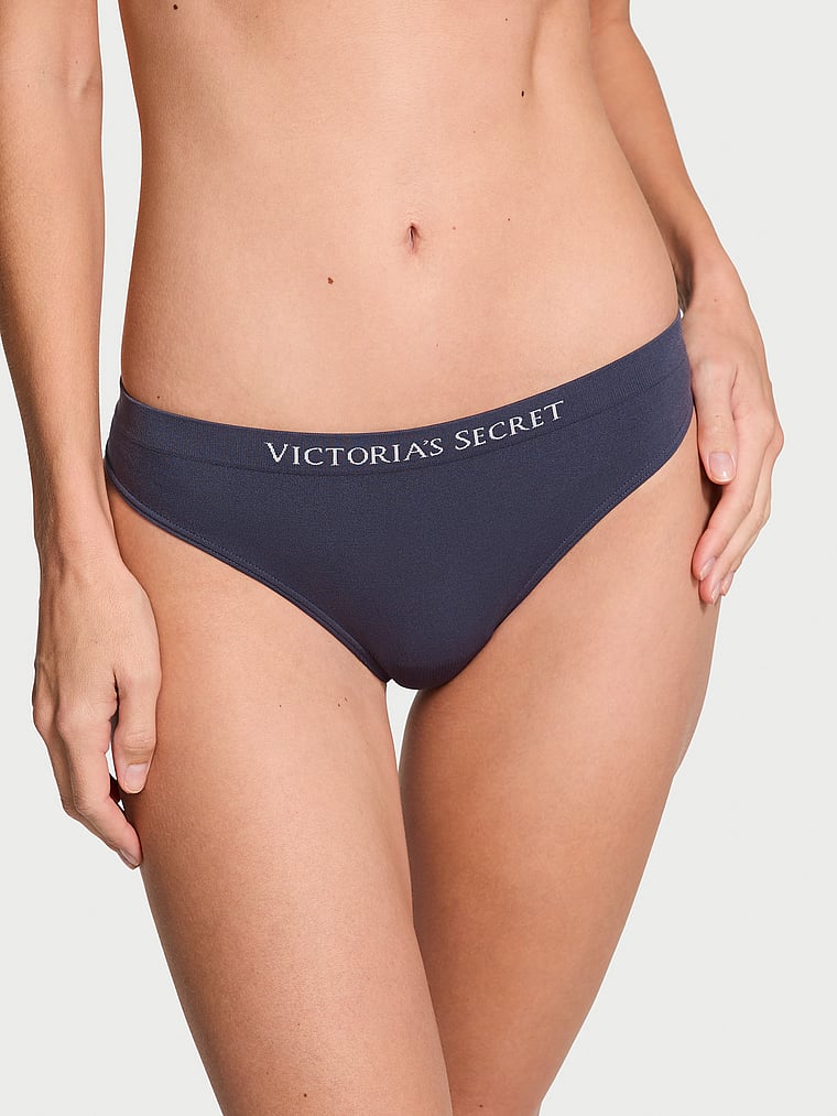 Victoria's Secret, Seamless Seamless Ribbon Slot Thong Panty, Slate Blue, onModelFront, 1 of 3 Maggie is 5'7" and wears Small