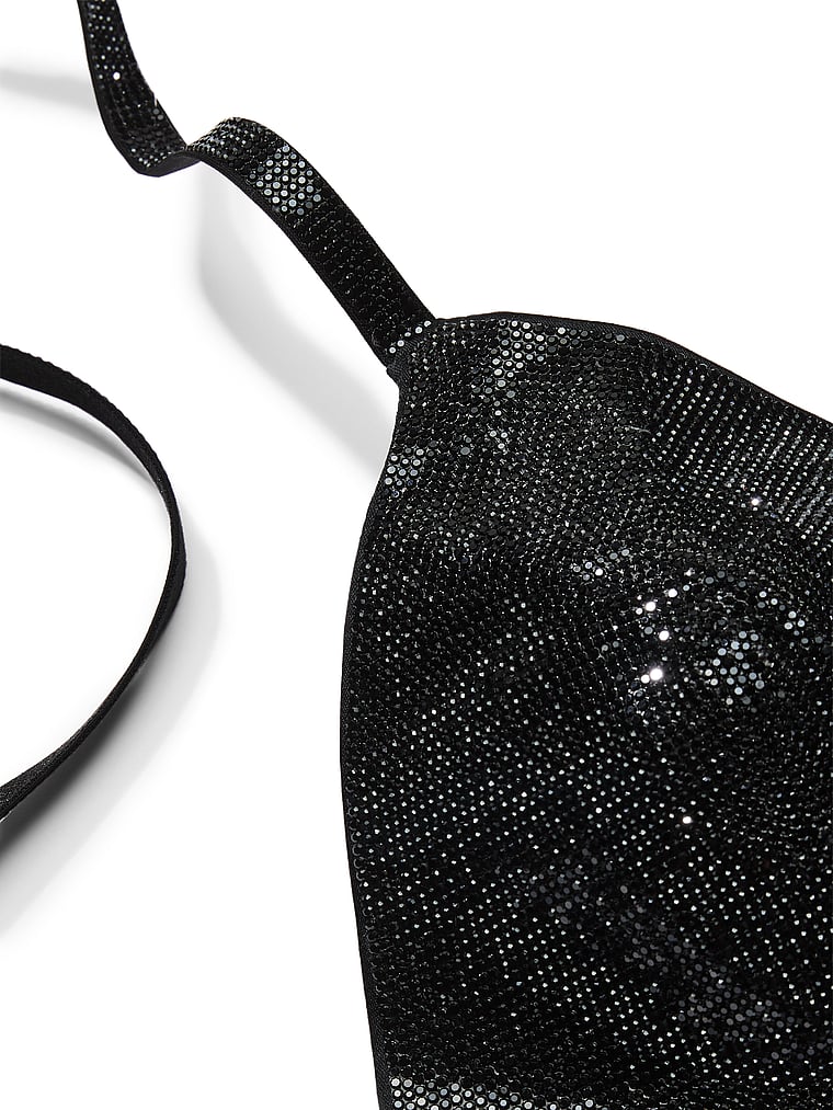 Victoria's Secret, Very Sexy Shine Triangle Bralette &  V-String Panty Set, Black, onModelBack, 1 of 5